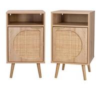 Lot de 2 tables de chevet Eva décor bois et cannage arrondi une porte un espace de rangement L40 x l39 x H658cm