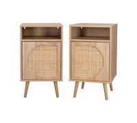 sweeek - Lot de 2 Tables de Chevet. Eva. décor Bois et cannage Arrondi. Une Porte. Un Espace de Rangement. L40 x l39 x H65.8cm