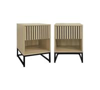 sweeek - Lot de 2 Tables de Chevet Style Contemporain avec 1 tiroir Effet Bois rainuré (système d'ouverture par Pression) et 1 Niche. piètement en métal Noir