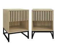Lot de 2 tables de chevet style contemporain avec 1 tiroir effet bois rainuré (système d'ouverture par pression) et 1 niche piètement en métal noir