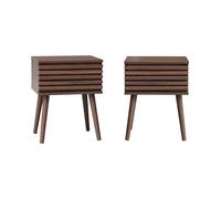 sweeek - Lot de 2 Tables de Chevet Style scandinave décor Bois avec tiroir rainuré Noyer et Pieds Compas