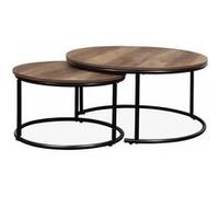 Lot de 2 tables gigognes rondes métal noir décor bois - Loft - encastrables 1x Ø77 x H 40cm / x1 Ø57 x H 35cm