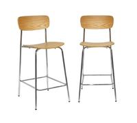 sweeek - Lot de 2 tabourets de Bar Vintage contreplaqué avec placage Bois Effet frêne et Pieds métal chromé L 42.5 x P 50 x H 94cm - Toby