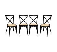 sweeek - Lot de 4 chaises de bistrot en Bois d'hévéa Noir. Vintage. Assise en rotin. empilables