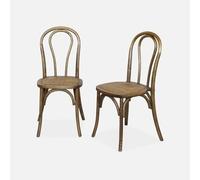 Lot de deux chaises vintage en bois avec assise en rotin et dossier arrondi coloris marron vieilli