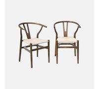 Lot de deux chaises vintage marron vieilli en bois d'hévéa avec assise en cordes et dossier arrondi