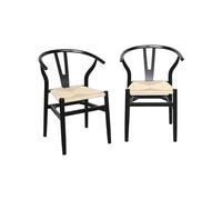Lot de deux chaises vintage noires en bois d'hévéa avec assise en cordes et dossier arrondi