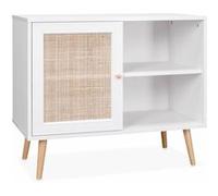 Alice's Home - Meuble de Rangement en cannage 80x39x65.8cm Bohème - Blanc - 2 Niveaux - 1 Porte - Pieds scandinaves. Buffet Bas