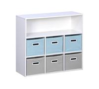 sweeek - Meuble de Rangement pour Enfant avec 7 Compartiments et 3 paniers Bleus et 3 paniers Gris en Velours