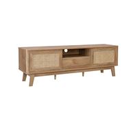 Meuble TV portes coulissantes casier fermé étagère effet bois et cannage 150cm