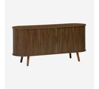 sweeek - Meuble TV scandinave 2 Portes coulissantes. 4 Compartiments. décor Bois rainuré Noyer. L120 x 40 x 57 cm