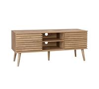Meuble TV scandinave avec 2 portes décor bois rainuré et 1 niche centrale avec étagère L120cm