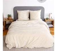 Parure de lit en microfibre lavée sable 240 x 220cm pour lit 2 places avec 1 housse de couette et 2 taies d'oreillers