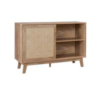 sweeek - Petit Buffet avec 1 Porte coulissante et étagères. Effet Bois et détails cannage. Buffet Bas. 120cm