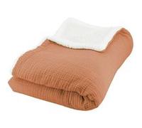 sweeek - Plaid Sherpa et Gaze de Coton 130 x 170 cm Caramel. Alix. bi-matière
