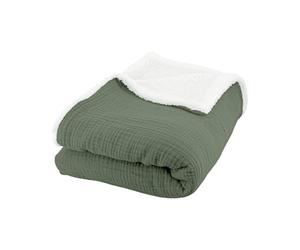 sweeek - Plaid Sherpa et Gaze de Coton 130 x 170 cm Kaki. Alix. bi-matière