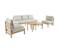 sweeek - Salon de Jardin Copacabana 5 Places en Bois d'acacia. Housse Beige en Lin. Un Banc. Deux fauteuils. Deux Tables