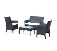 sweeek - Salon de Jardin en résine tressée - Moltès - Noir. Coussins Ecru - 4 Places - 1 canapé. 2 fauteuils. Une Table Basse