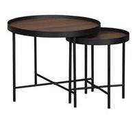 Set de 2 tables gigognes rondes pratiques en MDF effet bois de noyer avec pieds noirs