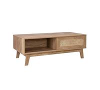 sweeek - Table Basse avec 2 niches. 1 Porte coulissante. Effet Bois et cannage. Pieds Eucalyptus