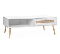 Alice's Home - Table Basse en cannage 110x59x39cm - Bohème - Blanc. 1 tiroir. 1 Espace de Rangement. Pieds scandinaves
