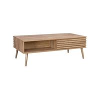 sweeek - Table Basse scandinave avec Portes coulissantes décor Bois rainuré et niches de Rangement