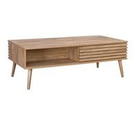 | Table basse scandinave avec portes coulissantes décor bois rainuré et niches de rangement