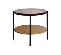 sweeek - Table d'appoint ronde double plateau verre trempé décor bois et métal SMOOKY