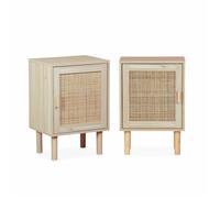 Alice's Home - Lot de 2 Tables de Chevet en cannage et décor Bois - Camargue - 40x30x58cm. 2 Niveaux. 1 Porte. Pieds Droits