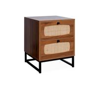 sweeek - Table de Chevet en décor Bois et cannage avec Pieds et poignées en métal Noir