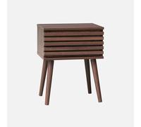 | Table de chevet style scandinave décor bois couleur noyer avec tiroir rainuré et pieds compas