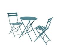 Salon de jardin bistrot pliable - Emilia rond bleu canard - Table ronde Ø60cm avec deux chaises pliantes. acier thermolaqué