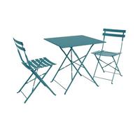 sweeek - Table de Jardin bistrot Pliante métal + 2 assises Bleu Canard 70 x 70cm. Acier thermolaqué