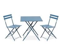 sweeek - Table de Jardin bistrot Pliante métal + 2 assises Bleu grisé 70 x 70cm. Acier thermolaqué