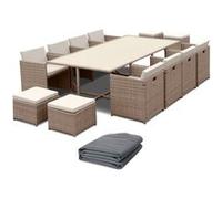 sweeek - Table de Jardin encastrable résine tressée + 12 assises Beige. Coussins Beige. Table encastrable + Housse de Protection Gris foncé Polyester