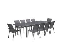 sweeek - Table de Jardin Extensible Aluminium + 10 assises Aluminium et textilène Anthracite. 8 chaises. 2 fauteuils. 10 Places. 290 x 100 x 75 cm
