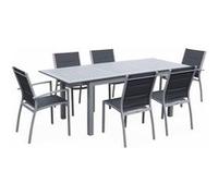 Salon de jardin table extensible - Chicago 210 Gris - Table en aluminium 150/210cm avec rallonge et 6 assises en textilène
