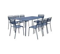 sweeek - Table de Jardin métal + 8 assises Bleu Marine Traitement antirouille. Lattes et Bords arrondis