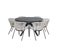 sweeek - Table de Jardin Ronde Aluminium et Verre + 6 assises Anthracite et Beige - Orbis et Liora