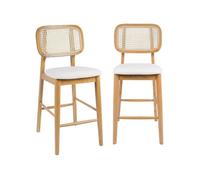 sweeek - Tabouret de bar bois d'hévéa cannage et tissu 66 5cm (lot de 2) MANI