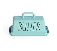 Sweejar Home Beurrier en céramique avec couvercle à poignée, 18 cm, grand beurrier en porcelaine avec couvercle, parfait pour le beurre de l'Est/de l'Ouest (turquoise)