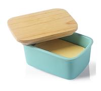 Sweejar Home Beurrier en porcelaine avec couvercle hermétique en bois, idéal pour 2 bâtonnets de beurre - Turquoise
