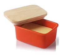 Sweejar Home Beurrier en porcelaine avec couvercle hermétique - Grand beurrier avec couvercle en bois - Idéal pour 2 bâtonnets de beurre West ou East Coast - Orange