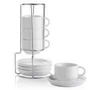 Sweejar Home Ensemble de tasses à cappuccino en porcelaine avec soucoupes et support métallique, tasses à espresso empilables pour boissons café spéciales, latte, Americano, thé avec set de 4 (blanc