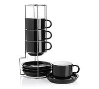 SWEEJAR Home Lot de 4 tasses à café empilables en porcelaine avec soucoupes, 237ml avec support en métal pour boissons au café, latte thé (noir)