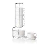 Sweejar Home Lot de 6 tasses à expresso et soucoupes empilables en porcelaine avec support en métal pour latte, café, moka, thé 120 ml (blanc)