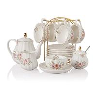 Sweejar Home Royal Family Service à thé en porcelaine 225 ml avec tasses et soucoupes avec théière, sucrier et pot à lait en céramique (fleur de rose)