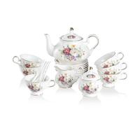 Sweejar Home Service à thé 21 pièces en porcelaine, tasses à thé et soucoupes à café, service à thé vintage floral pour adultes, carafe et cuillères, convient pour le thé de l'après-midi (fleur rose)