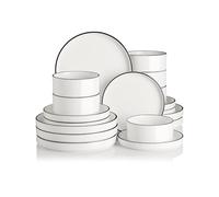 Sweejar Home Service de table 18 pièces en porcelaine pour 6 personnes - Assiettes et bols en céramique - Classique et moderne - Passe au lave-vaisselle et au micro-ondes (bord blanc/noir)