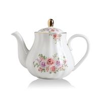Sweejar Home Théière en porcelaine avec infuseur et couvercle, service à thé avec filtre 890 ml pour thé/café/lait/femmes/bureau/maison/cadeau (forme citrouille, fleur rose)